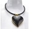 N-4864 European Vintage Style Gold Metal Black Leather Chain Resin Heart Pendant Necklace