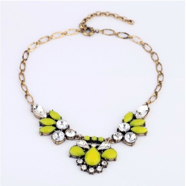 N-3113 New Arrival Vintage Style Gold Plated Metal Crystal Resin Gem Flower Bib Pendant Necklace