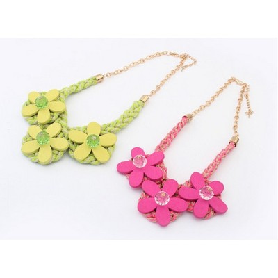 N-3115 New Arrival Fashion Koear Ribbon Gold Plated Chain Wood Flower Acrylic Crystal Pendant Necklace