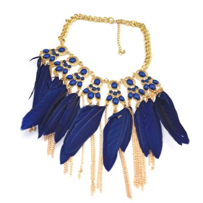 N-1256 Bohemian Style Golden Chunky Beads Chain Feather Tassel Choker Bib Neklace