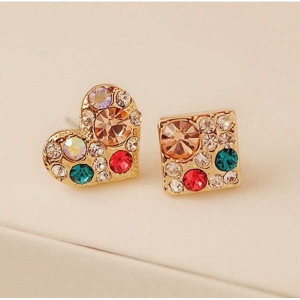 E-1218 New Arrival  Korea Style Colorful Rhinestone Square Heart Ear Stud Earrings
