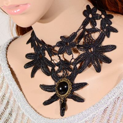 N-1635 New Gothic needle lace hollow out flower resin gem drop Necklace 2 colors