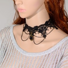 N-1639 New Gothic Black needle lace Hollow Out Flower chain tassels rhinestone gem Pendant Necklace