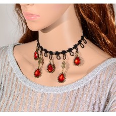 N-1641 New Gothic Black silk Flower chain Bronze Alloy Red Crystal Drop Pendant Choker Necklace