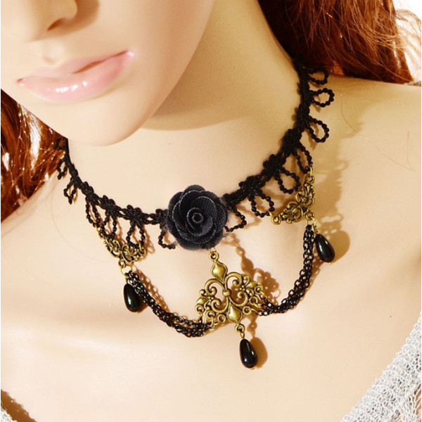 S-0083 New Gothic Black silk Lace Flower chain Big Flower Bronze Alloy Spider Drop Tassel Chain Pendant Choker Necklace Bracelet Ring Set