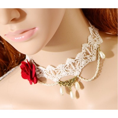 S-0085 New Gothic Lovely White Hollow Out Lace Red Flower Drop Pendant Necklace Bracelet Set