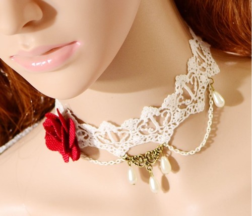 S-0085 New Gothic Lovely White Hollow Out Lace Red Flower Drop Pendant Necklace Bracelet Set