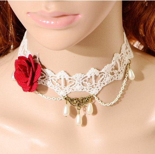 S-0085 New Gothic Lovely White Hollow Out Lace Red Flower Drop Pendant Necklace Bracelet Set