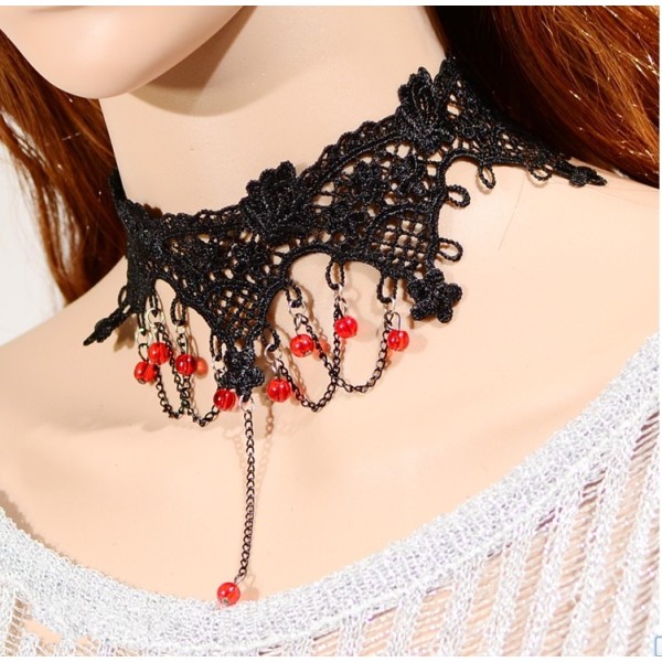S-0084 New Gothic Black Hollow Out Lace Flower Chain Red Beads Pendant Necklace Bracelet Set