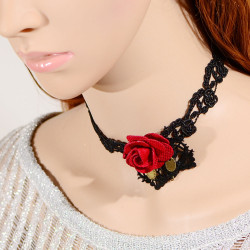 S-0087 New Gothic Black Hollow Out Lace Flower Chain Red Flower Pendant Necklace Bracelet Set
