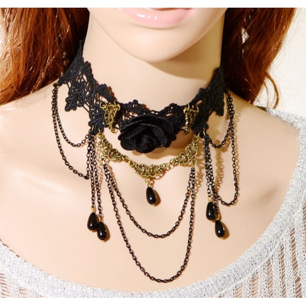 S-0086 New Gothic Black Hollow Out Lace Big Flower Chain Tassels Drop Pendant Necklace Bracelet Set