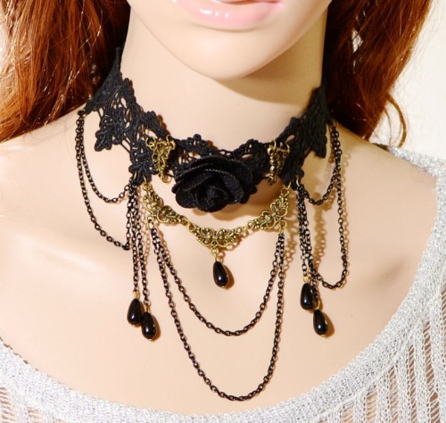 S-0086 New Gothic Black Hollow Out Lace Big Flower Chain Tassels Drop Pendant Necklace Bracelet Set