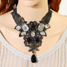 N-1642 New Gothic Black White Hollow Out Lace Crystal Resin Gem Drop Necklace