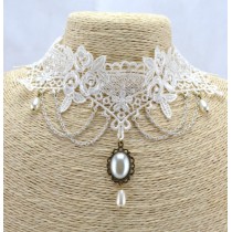 New Retro style Gothic white lace Flower Faux Pearl necklace bracelets ring S-0075