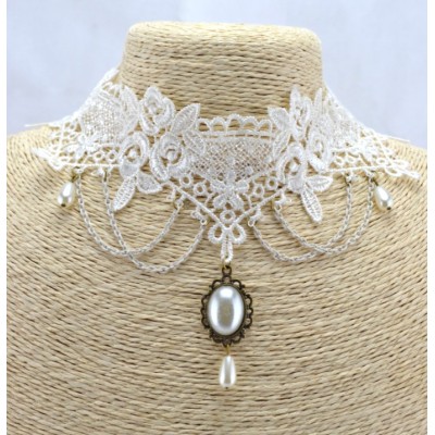 New Retro style Gothic white lace Flower Faux Pearl necklace bracelets ring S-0075