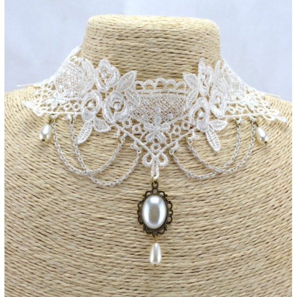 New Retro style Gothic white lace Flower Faux Pearl necklace bracelets ring S-0075