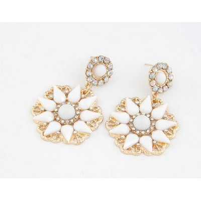 E-0694 New Arrival Koea Style Gold Plated Metal Resin Gem Rhinestone Flower Dangle Ear Stud Earrings