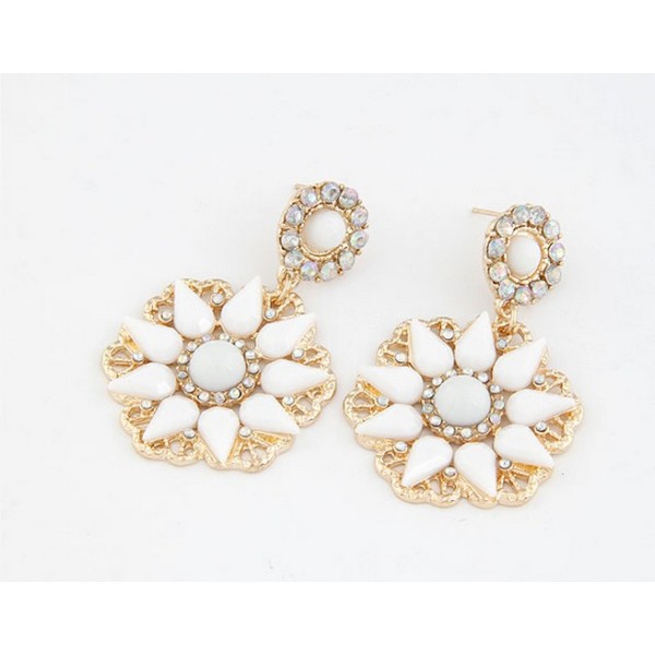 E-0694 New Arrival Koea Style Gold Plated Metal Resin Gem Rhinestone Flower Dangle Ear Stud Earrings