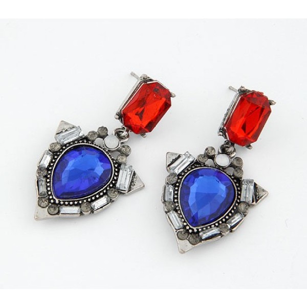 E-1696 New Arrival Vintage Style Gun Black Metal Red/Blue Crystal Dangle Ear Stud Earrings