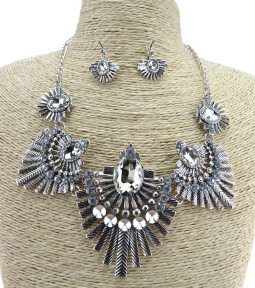 N-3515 New Arrival European Vintage Gold/Silver Metal Clear Crystal Flower Pendant Necklace Earring Set