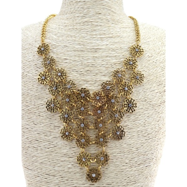 N-3517 New Arrival European Vintage Gold/Silver Metal Rhinestone Hollow Out Flower Bib Pendant Necklace