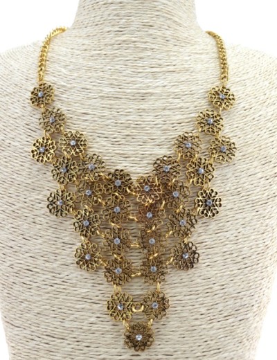 N-3517 New Arrival European Vintage Gold/Silver Metal Rhinestone Hollow Out Flower Bib Pendant Necklace