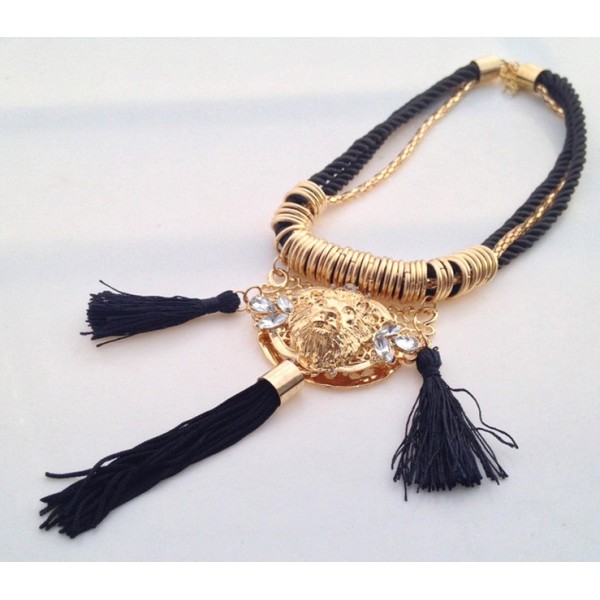 N-3429 New Arrival European Gold Alloy Ribbon Snake Double Chain Crystal Flower Lion Pendant Necklace set