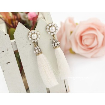E-3004New Arrival Korea Style Pearl Sunflower Rhinestone Thread Rassel Dangle Ear Stud Earrings
