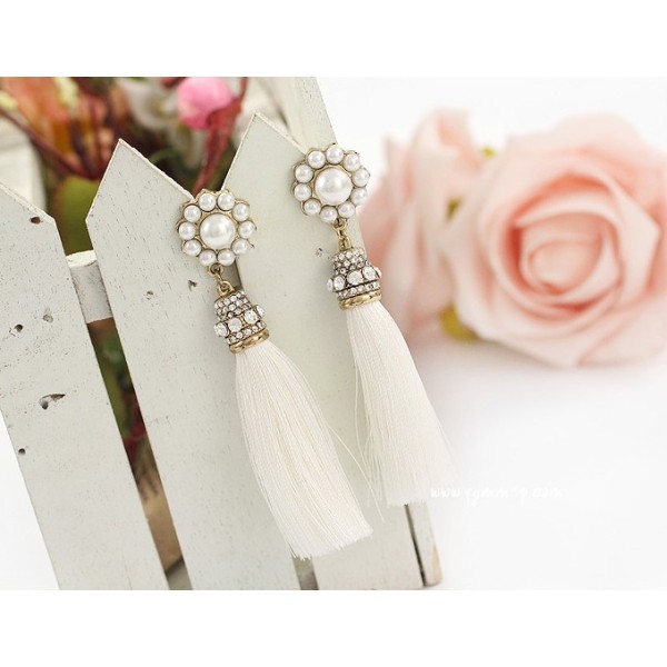 E-3004New Arrival Korea Style Pearl Sunflower Rhinestone Thread Rassel Dangle Ear Stud Earrings