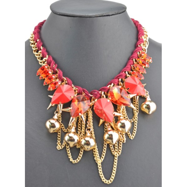 N-3528 New Arrival  European Style Link Chain Drop Resin Gem Crystal Rivet Ball Tassels Pendant Necklace