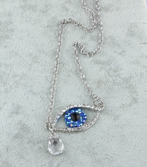 N-2918New Arrival  European Lovely Charming Blue Rhinestone Eye  Clear Drop Tear Pendant Necklace