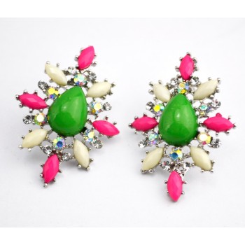 E-3006New Arrival European Charming Silver Plated Metal Colorful Resin Drop Gem Flower Ear Stud Earrings