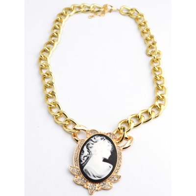 N-2917New Arrival  Fashion European Charming Rhinestone Girl Head Pendant Flat Link Necklace