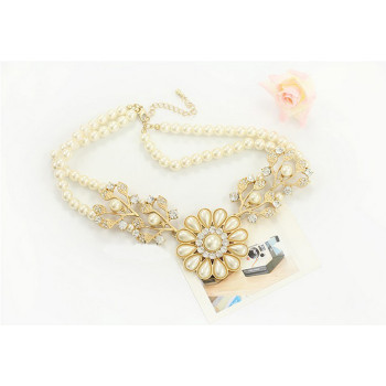 N-3530 Fashion Korea style Double Pearl  Chain Rhinestone  Leaves Flower Choker Necklace