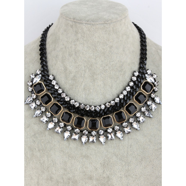 N-3532 Fashion Europe Style  Black Metal Chain Resin Gem Rhinestone Drop Crystal Choker Necklace