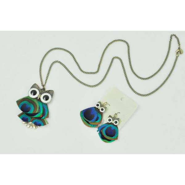 S-0088 Fashion European Style Bronze Alloy Enamel Eye Peacock Feather Owl Pendant Necklace Earring Set