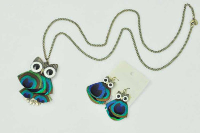 S-0088 Fashion European Style Bronze Alloy Enamel Eye Peacock Feather Owl Pendant Necklace Earring Set