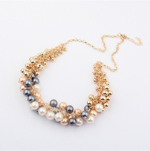 N-1658 Korea Style Gold Plated CCB Balls Faux Pearl Tassels Necklace