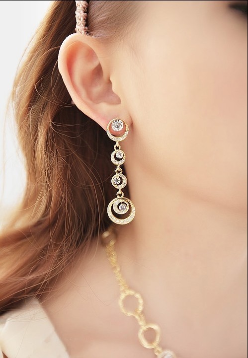 E-0306 European Fashion Silver Gold Plated Alloy Charming Rhinestone Circle Link Dangle Ear Stud Earrings