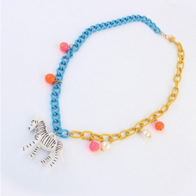 N-3544 New Fashion European  Blue Yellow Chain Beads Zebra Pendant Sweater Necklace