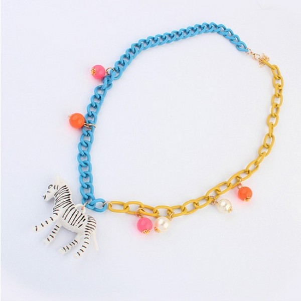 N-3544 New Fashion European  Blue Yellow Chain Beads Zebra Pendant Sweater Necklace