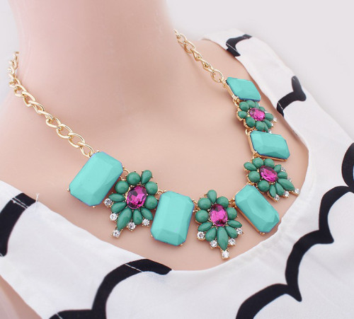 N-3545 New fashion Style Gold Plated  resin Square gem rhinestone crystal flower Choker Necklace
