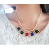 N-3549 New Arrival Fashion Pearl Thin Double Chain Square Rhinestone Square Pendant Necklace