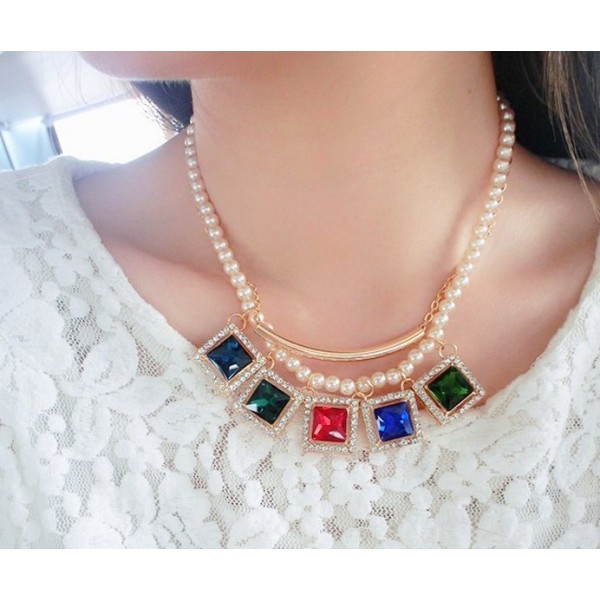 N-3549 New Arrival Fashion Pearl Thin Double Chain Square Rhinestone Square Pendant Necklace