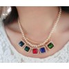 N-3549 New Arrival Fashion Pearl Thin Double Chain Square Rhinestone Square Pendant Necklace