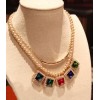 N-3549 New Arrival Fashion Pearl Thin Double Chain Square Rhinestone Square Pendant Necklace