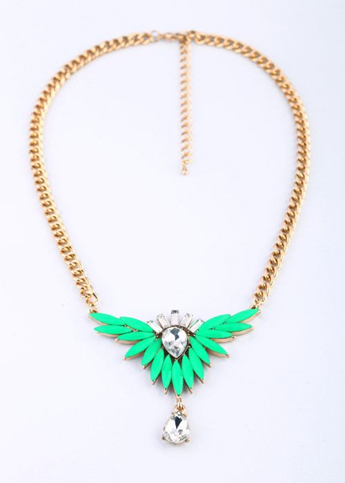 N-3557 New Arrival Fashion Gold Plated Alloy fluorescence color resin gem feather crystal drop Pendant Necklace