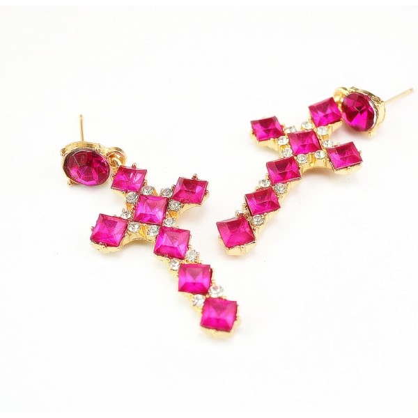 E-3012 Charming European Style Square Crystal Rhinestone Cross Dangle Ear Stud Earrings