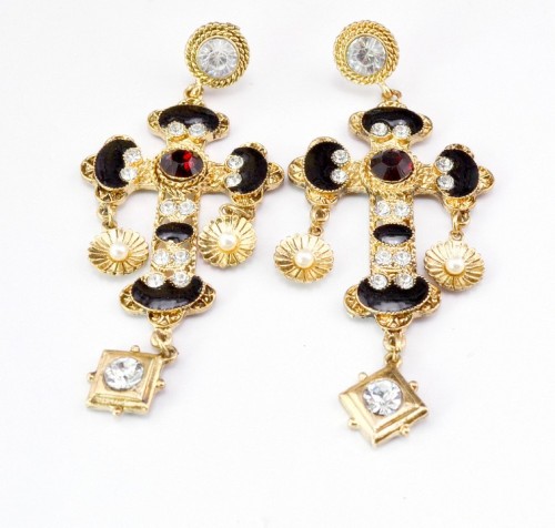 S-0090 Fashion European Black Bead Chain Enamel Rhinestone Cross Flower Pendant Necklace Earrings Set