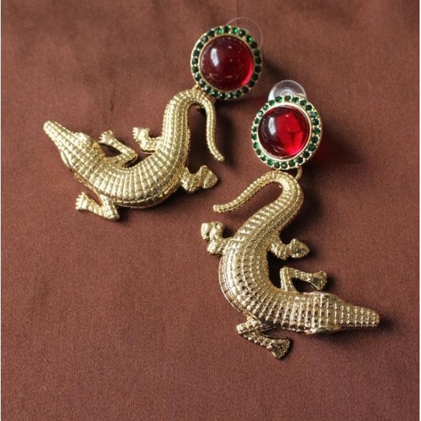 E-3013Fashion European Style Gold Plated Alloy Red Crystal Green Rhinestone Crocodile Gecko Dangle Ear Stud Earrings
